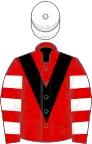 Red, black chevron, red and white hooped sleeves, white cap