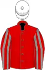 Red, grey striped sleeves, white cap