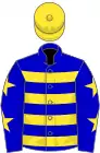 Blue and yellow hoops, blue sleeves, yellow stars, yellow cap
