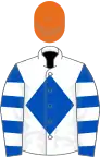 White, royal blue diamond, royal blue and white hooped sleeves, orange cap