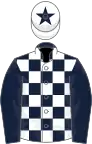 Dark blue and white check, dark blue sleeves, white cap, dark blue star