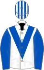 White, royal blue chevron and sleeves, striped cap