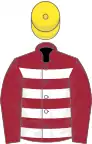 Maroon and white hoops, maroon sleeves, yellow cap