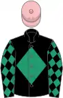 Black, emerald green diamond, diamonds on sleeves, pink cap