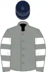 Grey, grey and white hooped sleeves, dark blue cap