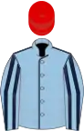Light blue, dark blue seams, striped sleeves, white cap