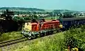 Diesel locomotive from the MÁV M40series (Púpos) during the 1980s between Pásztó and Mátraszőlős-Hasznos.