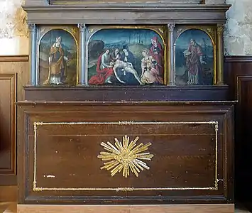 Retable in Chapel of Saint_Catherine, paintings of Christ and the Virgin Mary after the Crucifixion,  Saint Vincent and Saint Honoré (anonymous artist, 16h century)