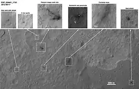 MSL debris field viewed by HiRISE on August 17, 2012 - parachute is 615 m (2,018 ft) from Curiosity. (3-D: rover & parachute)