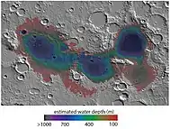 Map showing estimated water depth in different parts of Eridania Sea  This map is about 530 miles across.