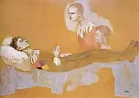 Pablo Picasso, 1906, La Mort d'Arlequin (Death of Harlequin), gouache and pencil on board, 68.5 × 96&nbsp;cm, private collection
