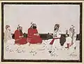 Painting depicting a meeting between Sahib Singh of Patiala State, Jodh Singh of Kalsia State, Lal Singh of Kaithal State, Mehak Singh, and Raja Jaswant Rao Holkar, ca.1850