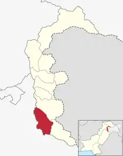 Map of Azad Kashmir with the Mirpur District highlighted in red