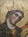 Pseudo-Kufic mantle hem, in Paolo Veneziano's Virgin Mary and Child, 1358. Louvre Museum.