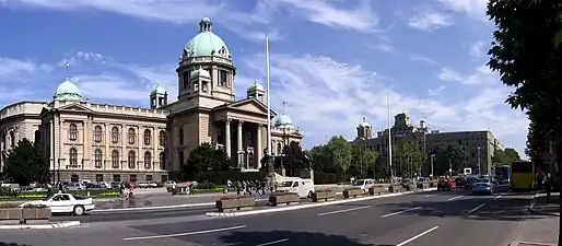 The Parliament of Serbia, and the headquarters of the Serbian Post, erected in 1938