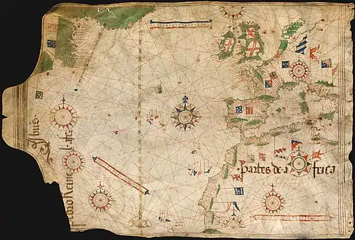 Image 2Nautical chart by Pedro Reinel (c. 1504), one of the first based on astronomical observations and to depict a scale of latitudes. (from History of cartography)