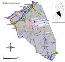 Map of Pemberton Heights in Burlington County. Inset: Location of Burlington County in New Jersey.