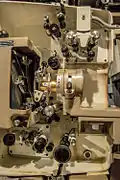 A detailed view of the mechanism, with the gate retracted.  The projector is seen here in 35mm configuration.
