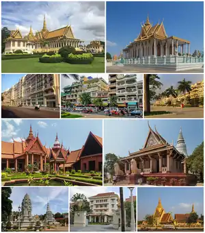 From top, left to right: Royal Throne Hall, Silver Pagoda, a street in Koh Pich, Sisowath Quay, Riverside Park, National Museum, Wat Phnom, Royal Stupas, Hotel Le Royal, Supreme Court Building
