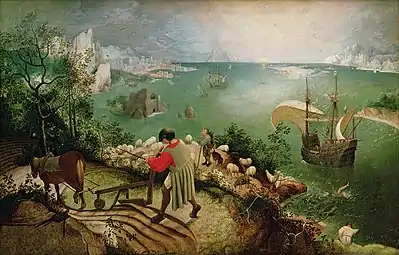 In Bruegel's Landscape with the Fall of Icarus (c. 1558) the fallen Icarus is a small detail at lower right.