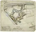 1761: A schematic contemporary with the 1761 construction of the fort, also excluding the Block House.