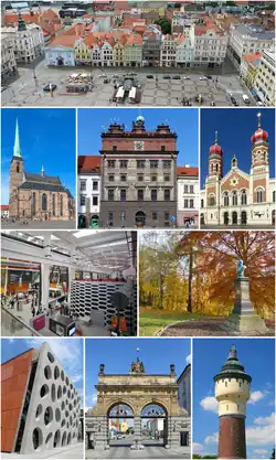 From top: Republic Square; Cathedral of St. Bartholomew; Renaissance City hall; Great Synagogue; Techmania Science Center; Lochotín park; New Theatre; Prazdroj brewery gate; and brewery water tower