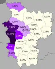 Poles in the region.mw-parser-output .legend{page-break-inside:avoid;break-inside:avoid-column}.mw-parser-output .legend-color{display:inline-block;min-width:1.25em;height:1.25em;line-height:1.25;margin:1px 0;text-align:center;border:1px solid black;background-color:transparent;color:black}.mw-parser-output .legend-text{}&nbsp;&nbsp;>15%.mw-parser-output .legend{page-break-inside:avoid;break-inside:avoid-column}.mw-parser-output .legend-color{display:inline-block;min-width:1.25em;height:1.25em;line-height:1.25;margin:1px 0;text-align:center;border:1px solid black;background-color:transparent;color:black}.mw-parser-output .legend-text{}&nbsp;&nbsp;5–15%.mw-parser-output .legend{page-break-inside:avoid;break-inside:avoid-column}.mw-parser-output .legend-color{display:inline-block;min-width:1.25em;height:1.25em;line-height:1.25;margin:1px 0;text-align:center;border:1px solid black;background-color:transparent;color:black}.mw-parser-output .legend-text{}&nbsp;&nbsp;2–5%.mw-parser-output .legend{page-break-inside:avoid;break-inside:avoid-column}.mw-parser-output .legend-color{display:inline-block;min-width:1.25em;height:1.25em;line-height:1.25;margin:1px 0;text-align:center;border:1px solid black;background-color:transparent;color:black}.mw-parser-output .legend-text{}&nbsp;&nbsp;1–2%.mw-parser-output .legend{page-break-inside:avoid;break-inside:avoid-column}.mw-parser-output .legend-color{display:inline-block;min-width:1.25em;height:1.25em;line-height:1.25;margin:1px 0;text-align:center;border:1px solid black;background-color:transparent;color:black}.mw-parser-output .legend-text{}&nbsp;&nbsp;0.5–1%.mw-parser-output .legend{page-break-inside:avoid;break-inside:avoid-column}.mw-parser-output .legend-color{display:inline-block;min-width:1.25em;height:1.25em;line-height:1.25;margin:1px 0;text-align:center;border:1px solid black;background-color:transparent;color:black}.mw-parser-output .legend-text{}&nbsp;&nbsp;<0.5%