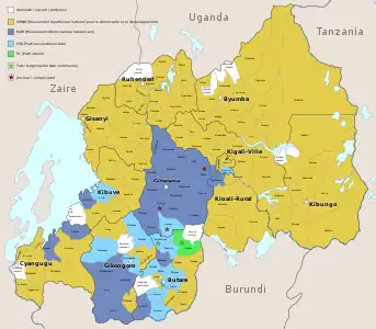 Map showing the geographical strongholds of the Rwandan political parties at the beginning of April 1994..mw-parser-output .legend{page-break-inside:avoid;break-inside:avoid-column}.mw-parser-output .legend-color{display:inline-block;min-width:1.25em;height:1.25em;line-height:1.25;margin:1px 0;text-align:center;border:1px solid black;background-color:transparent;color:black}.mw-parser-output .legend-text{}&nbsp;&nbsp;Unknown / vacant / partyless • .mw-parser-output .legend{page-break-inside:avoid;break-inside:avoid-column}.mw-parser-output .legend-color{display:inline-block;min-width:1.25em;height:1.25em;line-height:1.25;margin:1px 0;text-align:center;border:1px solid black;background-color:transparent;color:black}.mw-parser-output .legend-text{}&nbsp;&nbsp;MRND • .mw-parser-output .legend{page-break-inside:avoid;break-inside:avoid-column}.mw-parser-output .legend-color{display:inline-block;min-width:1.25em;height:1.25em;line-height:1.25;margin:1px 0;text-align:center;border:1px solid black;background-color:transparent;color:black}.mw-parser-output .legend-text{}&nbsp;&nbsp;MDR • .mw-parser-output .legend{page-break-inside:avoid;break-inside:avoid-column}.mw-parser-output .legend-color{display:inline-block;min-width:1.25em;height:1.25em;line-height:1.25;margin:1px 0;text-align:center;border:1px solid black;background-color:transparent;color:black}.mw-parser-output .legend-text{}&nbsp;&nbsp;PSD • .mw-parser-output .legend{page-break-inside:avoid;break-inside:avoid-column}.mw-parser-output .legend-color{display:inline-block;min-width:1.25em;height:1.25em;line-height:1.25;margin:1px 0;text-align:center;border:1px solid black;background-color:transparent;color:black}.mw-parser-output .legend-text{}&nbsp;&nbsp;PL • .mw-parser-output .legend{page-break-inside:avoid;break-inside:avoid-column}.mw-parser-output .legend-color{display:inline-block;min-width:1.25em;height:1.25em;line-height:1.25;margin:1px 0;text-align:center;border:1px solid black;background-color:transparent;color:black}.mw-parser-output .legend-text{}★&nbsp;Tutsi burgomaster • .mw-parser-output .legend{page-break-inside:avoid;break-inside:avoid-column}.mw-parser-output .legend-color{display:inline-block;min-width:1.25em;height:1.25em;line-height:1.25;margin:1px 0;text-align:center;border:1px solid black;background-color:transparent;color:black}.mw-parser-output .legend-text{}★&nbsp; Unclear / complicated