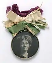 Portrait badge of Emmeline Pankhurst (c. 1909) sold in large numbers by the WSPU to raise funds