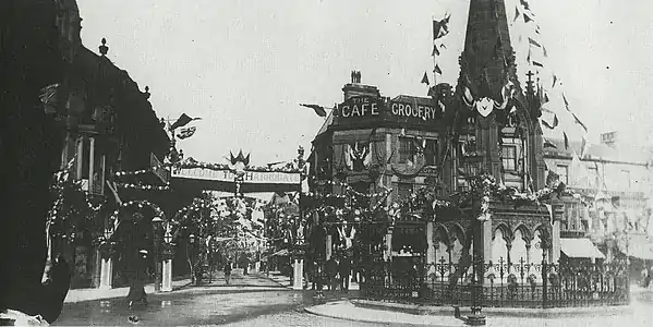 The monument garlanded for Prince Albert Victor's visit, 1889