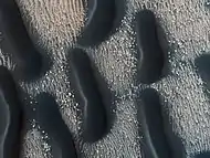 The edge of a dark dune field on the floor of Proctor crater
