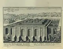 An imaginary view of the Temple as a huge fortress in the foreground. 1721