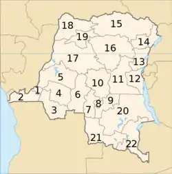 Provinces of the DRC in 1964. 17 - Cuvette-Centrale. 18 - Ubangi. 19 - Moyen-Congo