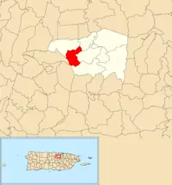 Location of Quebrada Arenas within the municipality of Toa Alta shown in red