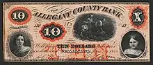 A 10 dollar note inscribed "THE ALLEGANY COUNTY BANK Will pay TEN DOLLARS to the bearer on demand. Cumberland." The note has illustrations of a young woman, a girl, and three men on a boat.