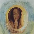 Odilon Redon: Silence, 1911, donation to the Museum of Modern Art. Oil on prepared paper, 21.mw-parser-output .frac{white-space:nowrap}.mw-parser-output .frac .num,.mw-parser-output .frac .den{font-size:80%;line-height:0;vertical-align:super}.mw-parser-output .frac .den{vertical-align:sub}.mw-parser-output .sr-only{border:0;clip:rect(0,0,0,0);clip-path:polygon(0px 0px,0px 0px,0px 0px);height:1px;margin:-1px;overflow:hidden;padding:0;position:absolute;width:1px}1⁄2 × 21.mw-parser-output .frac{white-space:nowrap}.mw-parser-output .frac .num,.mw-parser-output .frac .den{font-size:80%;line-height:0;vertical-align:super}.mw-parser-output .frac .den{vertical-align:sub}.mw-parser-output .sr-only{border:0;clip:rect(0,0,0,0);clip-path:polygon(0px 0px,0px 0px,0px 0px);height:1px;margin:-1px;overflow:hidden;padding:0;position:absolute;width:1px}1⁄4" (54.6 × 54&nbsp;cm)