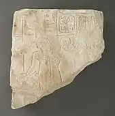 Relief fragment depicting Imenet, Ptah and Amenhotep I; 1569–1081 BC; limestone; 21 × 17.5 cm; Los Angeles County Museum of Art (US)