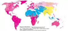 Distribution of world religions by country/state, and by smaller administrative regions for the largest countries (2012 data)..mw-parser-output .legend{page-break-inside:avoid;break-inside:avoid-column}.mw-parser-output .legend-color{display:inline-block;min-width:1.25em;height:1.25em;line-height:1.25;margin:1px 0;text-align:center;border:1px solid black;background-color:transparent;color:black}.mw-parser-output .legend-text{} % Christian population .mw-parser-output .legend{page-break-inside:avoid;break-inside:avoid-column}.mw-parser-output .legend-color{display:inline-block;min-width:1.25em;height:1.25em;line-height:1.25;margin:1px 0;text-align:center;border:1px solid black;background-color:transparent;color:black}.mw-parser-output .legend-text{} % Islam population .mw-parser-output .legend{page-break-inside:avoid;break-inside:avoid-column}.mw-parser-output .legend-color{display:inline-block;min-width:1.25em;height:1.25em;line-height:1.25;margin:1px 0;text-align:center;border:1px solid black;background-color:transparent;color:black}.mw-parser-output .legend-text{} % all other religions but Judaism(Equal parts cyan/magenta - Judaism)