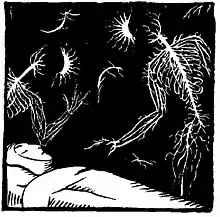 black and white drawing of a bedridden man surrounded by two silhouettes.