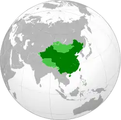 Land controlled by the Republic of China (1945) shown in dark green; land claimed but uncontrolled shown in light green.