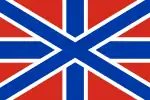 Designed by A. Litvin. The flag deliberately mimics the naval jack of the Russian navy.