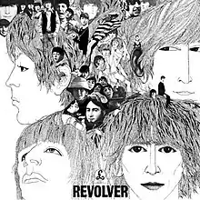 A black and white collage of images of the Beatles