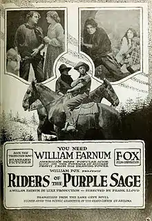 The silhouette of a horse with a small boy on his back surrounded by credits