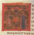 Rigaut and a ladyfriend discussing, from MS A, folio 164v (Biblioteca Apostolica Vaticana).