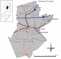 Map of Rocky Hill in Somerset County. Inset: Location of Somerset County highlighted in the State of New Jersey.