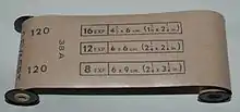 A guide on a roll of 120 film showing how many exposures it can take with different frame sizes
