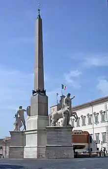 Quirinale obelisk. Originally erected on the eastern flank of the Mausoleum of Augustus, paired with the Esquiline obelisk. Found in 1527. Erected by Pope Pius VI in 1786 on the Quirinal Hill next to statues of the Dioscuri (called the 'Horse Tamers') from the Baths of Constantine.