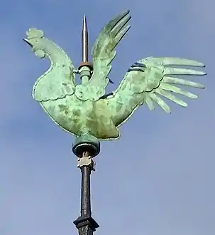 The rooster reliquary atop the spire. It was found lightly damaged in the rubble after the 2019 fire.
