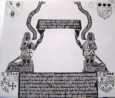 Tabards displaying quartered coats of arms on front and sleeves: the Denys brass of 1505, Olveston, Gloucestershire