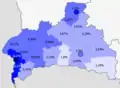 Russians in the region.mw-parser-output .legend{page-break-inside:avoid;break-inside:avoid-column}.mw-parser-output .legend-color{display:inline-block;min-width:1.25em;height:1.25em;line-height:1.25;margin:1px 0;text-align:center;border:1px solid black;background-color:transparent;color:black}.mw-parser-output .legend-text{}&nbsp;&nbsp;>10%.mw-parser-output .legend{page-break-inside:avoid;break-inside:avoid-column}.mw-parser-output .legend-color{display:inline-block;min-width:1.25em;height:1.25em;line-height:1.25;margin:1px 0;text-align:center;border:1px solid black;background-color:transparent;color:black}.mw-parser-output .legend-text{}&nbsp;&nbsp;8–10%.mw-parser-output .legend{page-break-inside:avoid;break-inside:avoid-column}.mw-parser-output .legend-color{display:inline-block;min-width:1.25em;height:1.25em;line-height:1.25;margin:1px 0;text-align:center;border:1px solid black;background-color:transparent;color:black}.mw-parser-output .legend-text{}&nbsp;&nbsp;5–8%.mw-parser-output .legend{page-break-inside:avoid;break-inside:avoid-column}.mw-parser-output .legend-color{display:inline-block;min-width:1.25em;height:1.25em;line-height:1.25;margin:1px 0;text-align:center;border:1px solid black;background-color:transparent;color:black}.mw-parser-output .legend-text{}&nbsp;&nbsp;2–5%.mw-parser-output .legend{page-break-inside:avoid;break-inside:avoid-column}.mw-parser-output .legend-color{display:inline-block;min-width:1.25em;height:1.25em;line-height:1.25;margin:1px 0;text-align:center;border:1px solid black;background-color:transparent;color:black}.mw-parser-output .legend-text{}&nbsp;&nbsp;<2%